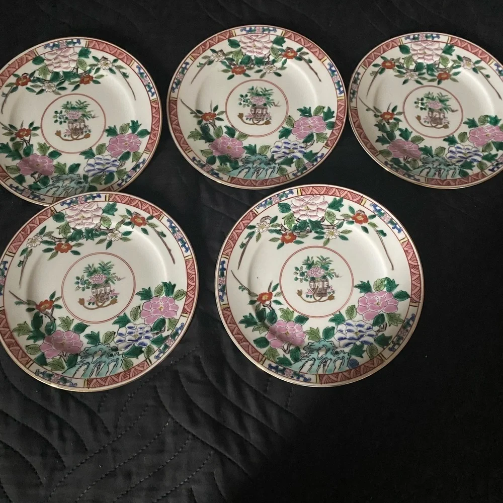 5 Kutani Yaki Ware Japanese Hand Painted  Floral 7.5” MCM Gold Trim Plates